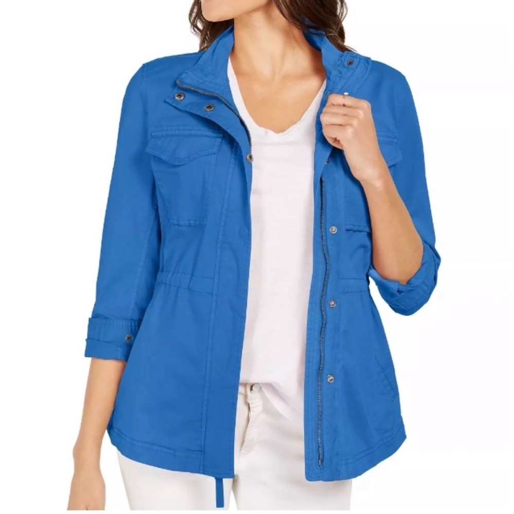 Style & Co Blue Utility Jacket Drawstring Waist Zip Snap Front Size L